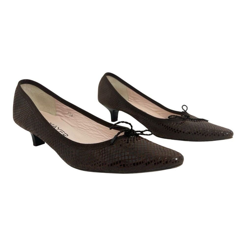 Paul Mayer Attitudes Kitten Heel Shoes Size 7.5 Brown Snakeskin Patent Leather